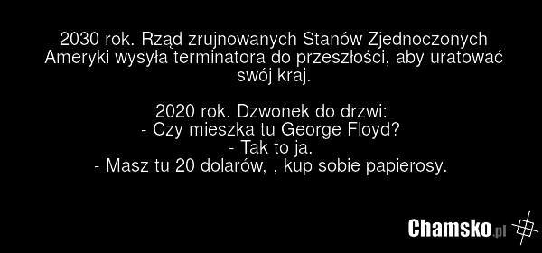2030 rok. Rząd zrujnowanych Stanów Zjednoczonych Ameryki wysyła terminatora do przeszłości, aby uratować swój kraj. 2020 rok. Dzwonek do drzwi: - Czy mieszka tu George Floyd? - Tak to ja. - Masz tu 20 dolarów, , kup sobie papierosy.