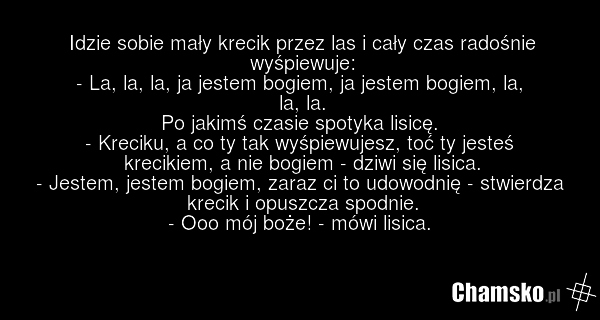 Idzie sobie mały krecik przez las i cały czas radośnie wyśpiewuje: - La, la, la, ja jestem bogiem, ja jestem bogiem, la, la, la. Po jakimś czasie spotyka lisicę. - Kreciku, a co ty tak wyśpiewujesz, toć ty jesteś krecikiem, a nie bogiem - dziwi się lisica. - Jestem, jestem bogiem, zaraz ci to udowo…