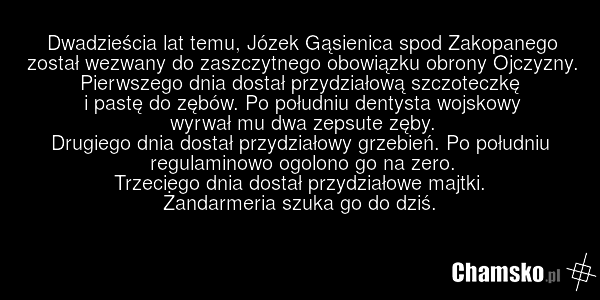Dwadzieścia lat temu, Józek Gąsienica spod Zakopanego został wezwany do zaszczytnego obowiązku obrony Ojczyzny. Pierwszego dnia dostał przydziałową szczoteczkę i pastę do zębów. Po południu dentysta wojskowy wyrwał mu dwa zepsute zęby. Drugiego dnia dostał przydziałowy grzebień. Po południu regulam…