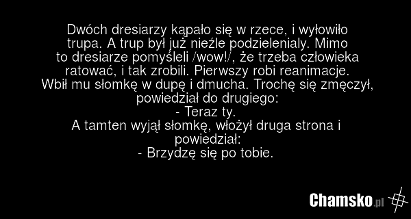 Dwóch dresiarzy kąpało się w rzece, i wyłowiło trupa. A trup był już nieźle podzielenialy. Mimo to dresiarze pomyśleli /wow!/, że trzeba człowieka ratować, i tak zrobili. Pierwszy robi reanimacje. Wbił mu słomkę w dupę i dmucha. Trochę się zmęczył, powiedział do drugiego: - Teraz ty. A tamten wyjął…