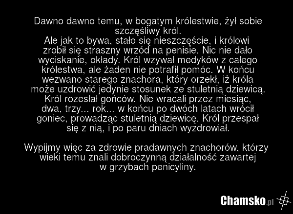 Dawno dawno temu, w bogatym królestwie, żył sobie szczęśliwy król. Ale jak to bywa, stało się nieszczęście, i królowi zrobił się straszny wrzód na penisie. Nic nie dało wyciskanie, okłady. Król wzywał medyków z całego królestwa, ale żaden nie potrafił pomóc. W końcu wezwano starego znachora, który…