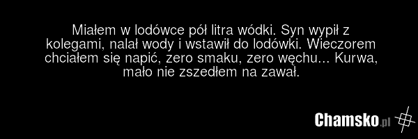 Miałem w lodówce pół litra wódki. Syn wypił z kolegami, nalał wody i wstawił do lodówki. Wieczorem chciałem się napić, zero smaku, zero węchu... Kurwa, mało nie zszedłem na zawał.