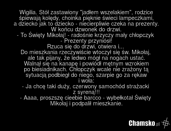 Wigilia. Stół zastawiony "jadłem wszelakiem", rodzice śpiewają kolędy, choinka pięknie świeci lampeczkami, a dziecko jak to dziecko - niecierpliwie czeka na prezenty. W końcu dzwonek do drzwi. - To Święty Mikołaj! - radośnie krzyczy mały chłopczyk - Prezenty przyniósł! Rzuca się do drzwi, otwiera i…