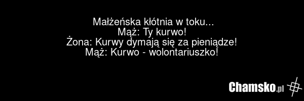 Małżeńska kłótnia w toku... Mąż: Ty kurwo! Żona: Kurwy dymają się za pieniądze! Mąż: Kurwo - wolontariuszko!