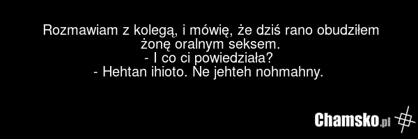 Rozmawiam z kolegą, i mówię, że dziś rano obudziłem żonę oralnym seksem. - I co ci powiedziała? - Hehtan ihioto. Ne jehteh nohmahny.