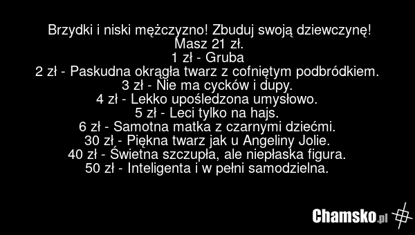 Brzydki i niski mężczyzno! Zbuduj swoją dziewczynę! Masz 21 zł. 1 zł - Gruba 2 zł - Paskudna okrągła twarz z cofniętym podbródkiem. 3 zł - Nie ma cycków i dupy. 4 zł - Lekko upośledzona umysłowo. 5 zł - Leci tylko na hajs. 6 zł - Samotna matka z czarnymi dziećmi. 30 zł - Piękna twarz jak u Angeliny…