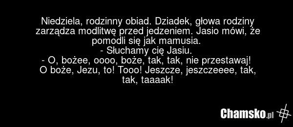 Niedziela, rodzinny obiad. Dziadek, głowa rodziny zarządza modlitwę przed jedzeniem. Jasio mówi, że pomodli się jak mamusia. - Słuchamy cię Jasiu. - O, bożee, oooo, boże, tak, tak, nie przestawaj! O boże, Jezu, to! Tooo! Jeszcze, jeszczeeee, tak, tak, taaaak!