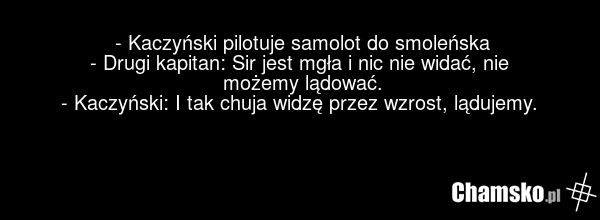- Kaczyński pilotuje samolot do smoleńska - Drugi kapitan: Sir jest mgła i nic nie widać, nie możemy lądować. - Kaczyński: I tak chuja widzę przez wzrost, lądujemy.