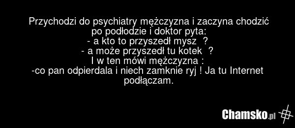 Przychodzi do psychiatry mężczyzna i zaczyna chodzić po podłodzie i doktor pyta: - a kto to przyszedł mysz ? - a może przyszedł tu kotek ? I w ten mówi mężczyzna : -co pan odpierdala i niech zamknie ryj ! Ja tu Internet podłączam.