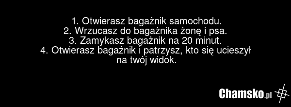1. Otwierasz bagażnik samochodu. 2. Wrzucasz do bagażnika żonę i psa. 3. Zamykasz bagażnik na 20 minut. 4. Otwierasz bagażnik i patrzysz, kto się ucieszył na twój widok.