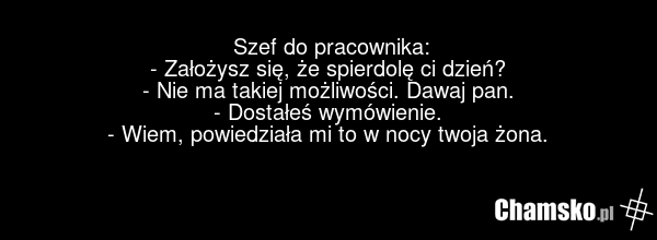 Szef do pracownika: - Założysz się, że spierdolę ci dzień? - Nie ma takiej możliwości. Dawaj pan. - Dostałeś wymówienie. - Wiem, powiedziała mi to w nocy twoja żona.