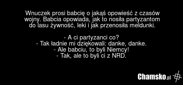 Wnuczek prosi babcię o jakąś opowieść z czasów wojny. Babcia opowiada, jak to nosiła partyzantom do lasu żywność, leki i jak przenosiła meldunki. - A ci partyzanci co? - Tak ładnie mi dziękowali: danke, danke. - Ale babciu, to byli Niemcy! - Tak, ale to byli ci z NRD.
