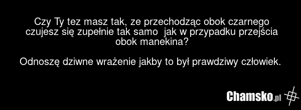 Czy Ty tez masz tak, ze przechodząc obok czarnego czujesz się zupełnie tak samo jak w przypadku przejścia obok manekina? Odnoszę dziwne wrażenie jakby to był prawdziwy człowiek.