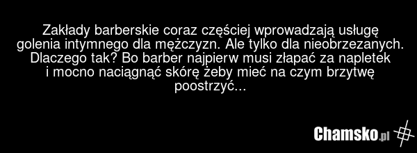 Zakłady barberskie coraz częściej wprowadzają usługę golenia intymnego dla mężczyzn. Ale tylko dla nieobrzezanych. Dlaczego tak? Bo barber najpierw musi złapać za napletek i mocno naciągnąć skórę żeby mieć na czym brzytwę poostrzyć...