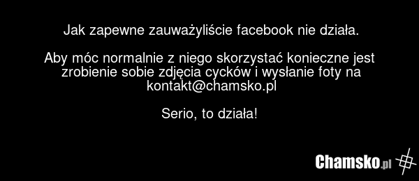 Jak zapewne zauważyliście facebook nie działa. Aby móc normalnie z niego skorzystać konieczne jest zrobienie sobie zdjęcia cycków i wysłanie foty na kontakt@chamsko.pl Serio, to działa!