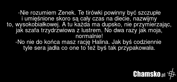 -Nie rozumiem Zenek. Te tirówki powinny być szczupłe i umięśnione skoro są cały czas na diecie, nazwijmy to, wysokobiałkowej. A tu każda ma dupsko, nie przymierzając, jak szafa trzydrzwiowa z lustrem. No dwa razy jak moja, normalnie! -No nie do końca masz rację Halina. Jak byś codziennie tyle sera…