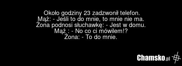 Około godziny 23 zadzwonił telefon. Mąż: - Jeśli to do mnie, to mnie nie ma. Żona podnosi słuchawkę: - Jest w domu. Mąż : - No co ci mówilem!? Żona: - To do mnie.