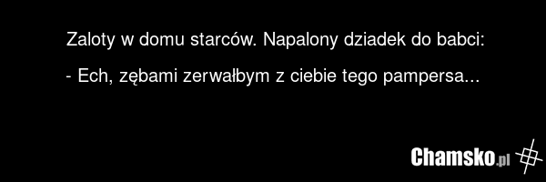 Zaloty w domu starców. Napalony dziadek do babci: - Ech, zębami zerwałbym z ciebie tego pampersa...