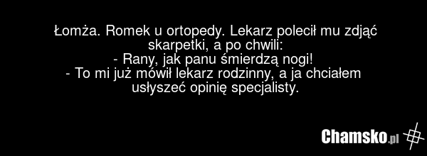 Łomża. Romek u ortopedy. Lekarz polecił mu zdjąć skarpetki, a po chwili: - Rany, jak panu śmierdzą nogi! - To mi już mówił lekarz rodzinny, a ja chciałem usłyszeć opinię specjalisty.