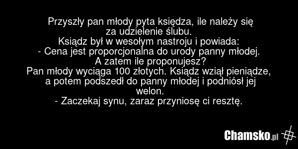Przyszły pan młody pyta księdza, ile należy się za udzielenie ślubu. Ksiądz był w wesołym nastroju i powiada: - Cena jest proporcjonalna do urody panny młodej. A zatem ile proponujesz? Pan młody wyciąga 100 złotych. Ksiądz wziął pieniądze, a potem podszedł do panny młodej i podniósł jej welon. - Za…