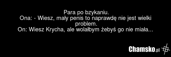 Para po bzykaniu. Ona: - Wiesz, mały penis to naprawdę nie jest wielki problem. On: Wiesz Krycha, ale wolałbym żebyś go nie miała...