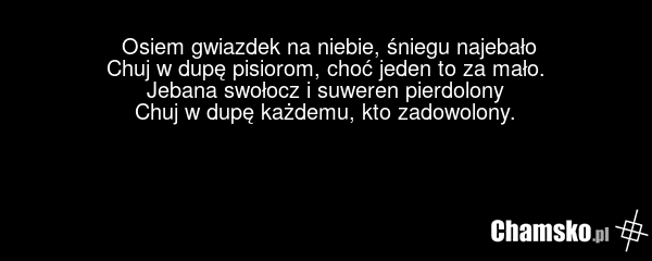 Osiem gwiazdek na niebie, śniegu najebało Chuj w dupę pisiorom, choć jeden to za mało. Jebana swołocz i suweren pierdolony Chuj w dupę każdemu, kto zadowolony.