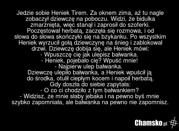 Jedzie sobie Heniek Tirem. Za oknem zima, aż tu nagle zobaczył dziewczę na poboczu. Widzi, że bidulka zmarznięta, więc stanął i zaprosił do szoferki. Poczęstował herbatą, zaczęła się rozmowa, i od słowa do słowa skończyło się na bzykanku. Po wszystkim Heniek wyrzucił gołą dziewczynę na śnieg i zabl…