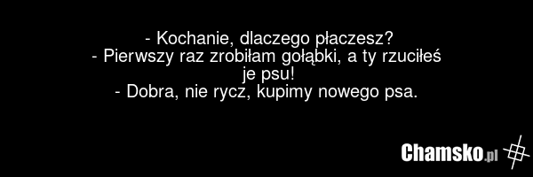- Kochanie, dlaczego płaczesz? - Pierwszy raz zrobiłam gołąbki, a ty rzuciłeś je psu! - Dobra, nie rycz, kupimy nowego psa.