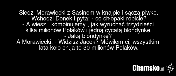 Siedzi Morawiecki z Sasinem w knajpie i sączą piwko. Wchodzi Donek i pyta: - co chłopaki robicie? - A wiesz , kombinujemy , jak wyruchać trzydzieści kilka milionów Polaków i jedną cycatą blondynkę. - Jaką blondynkę? A Morawiecki: - Widzisz Jacek? Mówiłem ci, wszystkim lata koło ch.ja te 30 milionów…