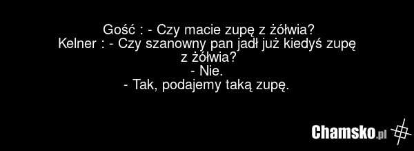 Gość : - Czy macie zupę z żółwia? Kelner : - Czy szanowny pan jadł już kiedyś zupę z żółwia? - Nie. - Tak, podajemy taką zupę.