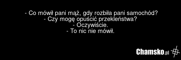 - Co mówił pani mąż, gdy rozbiła pani samochód? - Czy mogę opuścić przekleństwa? - Oczywiście. - To nic nie mówił.