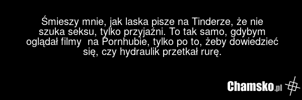 Śmieszy mnie, jak laska pisze na Tinderze, że nie szuka seksu, tylko przyjaźni. To tak samo, gdybym oglądał filmy na Pornhubie, tylko po to, żeby dowiedzieć się, czy hydraulik przetkał rurę.