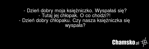 - Dzień dobry moja księżniczko. Wyspałaś się? - Tutaj jej chłopak. O co chodzi?! - Dzień dobry chłopaku. Czy nasza księżniczka się wyspała?