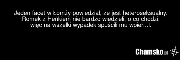 Jeden facet w Łomży powiedział, ze jest heteroseksualny. Romek z Heńkiem nie bardzo wiedzieli, o co chodzi, więc na wszelki wypadek spuścili mu wpier...l.