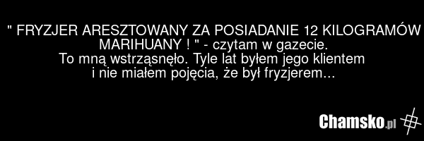 " FRYZJER ARESZTOWANY ZA POSIADANIE 12 KILOGRAMÓW MARIHUANY ! " - czytam w gazecie. To mną wstrząsnęło. Tyle lat byłem jego klientem i nie miałem pojęcia, że był fryzjerem...
