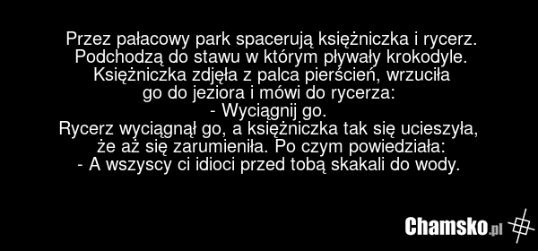 Przez pałacowy park spacerują księżniczka i rycerz. Podchodzą do stawu w którym pływały krokodyle. Księżniczka zdjęła z palca pierścień, wrzuciła go do jeziora i mówi do rycerza: - Wyciągnij go. Rycerz wyciągnął go, a księżniczka tak się ucieszyła, że aż się zarumieniła. Po czym powiedziała: - A ws…