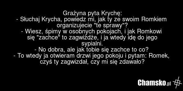 Grażyna pyta Krychę: - Słuchaj Krycha, powiedz mi, jak ty ze swoim Romkiem organizujecie "te sprawy"? - Wiesz, śpimy w osobnych pokojach, i jak Romkowi się "zachce" to zagwiżdże, i ja wtedy idę do jego sypialni. - No dobra, ale jak tobie się zachce to co? - To wtedy ja otwieram drzwi jego pokoju i…