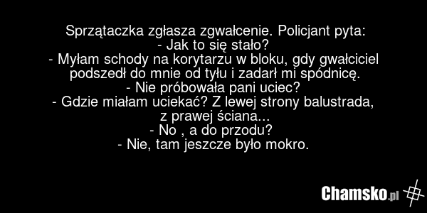 Sprzątaczka zgłasza zgwałcenie. Policjant pyta: - Jak to się stało? - Myłam schody na korytarzu w bloku, gdy gwałciciel podszedł do mnie od tyłu i zadarł mi spódnicę. - Nie próbowała pani uciec? - Gdzie miałam uciekać? Z lewej strony balustrada, z prawej ściana... - No , a do przodu? - Nie, tam jes…