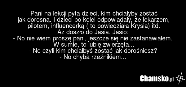 Pani na lekcji pyta dzieci, kim chciałyby zostać jak dorosną. I dzieci po kolei odpowiadały, że lekarzem, pilotem, influencerką ( to powiedziała Krysia) itd. Aż doszło do Jasia. Jasio: - No nie wiem proszę pani, jeszcze się nie zastanawiałem. W sumie, to lubię zwierzęta... - No czyli kim chciałbyś…