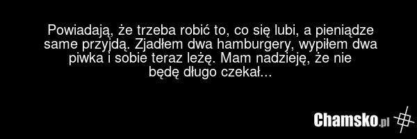 Powiadają, że trzeba robić to, co się lubi, a pieniądze same przyjdą. Zjadłem dwa hamburgery, wypiłem dwa piwka i sobie teraz leżę. Mam nadzieję, że nie będę długo czekał...