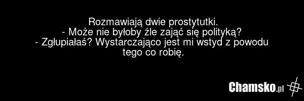 Rozmawiają dwie prostytutki. - Może nie byłoby źle zająć się polityką? - Zgłupiałaś? Wystarczająco jest mi wstyd z powodu tego co robię.