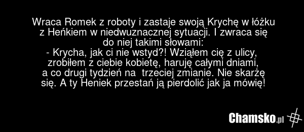 Wraca Romek z roboty i zastaje swoją Krychę w łóżku z Heńkiem w niedwuznacznej sytuacji. I zwraca się do niej takimi słowami: - Krycha, jak ci nie wstyd?! Wziąłem cię z ulicy, zrobiłem z ciebie kobietę, haruję całymi dniami, a co drugi tydzień na trzeciej zmianie. Nie skarżę się. A ty Heniek przest…