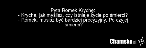 Pyta Romek Krychę: - Krycha, jak myślisz, czy istnieje życie po śmierci? - Romek, musisz być bardziej precyzyjny. Po czyjej śmierci?