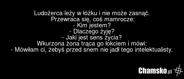 Ludożerca leży w łóżku i nie może zasnąć. Przewraca się, coś mamrocze: - Kim jestem? - Dlaczego żyję? - Jaki jest sens życia? Wkurzona żona trąca go łokciem i mówi: - Mówiłam ci, żebyś przed snem nie jadł tego intelektualisty.