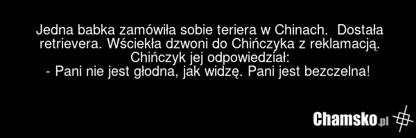 Jedna babka zamówiła sobie teriera w Chinach. Dostała retrievera. Wściekła dzwoni do Chińczyka z reklamacją. Chińczyk jej odpowiedział: - Pani nie jest głodna, jak widzę. Pani jest bezczelna!
