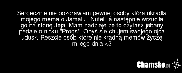 Serdecznie nie pozdrawiam pewnej osoby która ukradła mojego mema o Jamalu i Nutelli a następnie wrzuciła go na stonę Jeja. Mam nadzieje że to czytasz jebany pedale o nicku "Progs". Obyś sie chujem swojego ojca udusił. Reszcie osób które nie kradną memów życzę miłego dnia