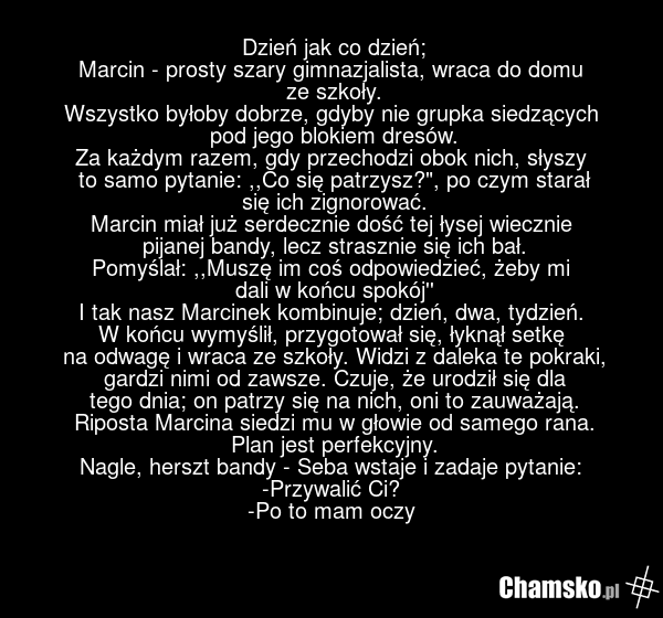 Dzień jak co dzień; Marcin - prosty szary gimnazjalista, wraca do domu ze szkoły. Wszystko byłoby dobrze, gdyby nie grupka siedzących pod jego blokiem dresów. Za każdym razem, gdy przechodzi obok nich, słyszy to samo pytanie: ,,Co się patrzysz?", po czym starał się ich zignorować. Marcin miał już s…