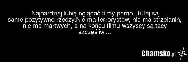 Najbardziej lubię oglądać filmy porno. Tutaj są same pozytywne rzeczy.Nie ma terrorystów, nie ma strzelanin, nie ma martwych, a na końcu filmu wszyscy są tacy szczęśliwi...
