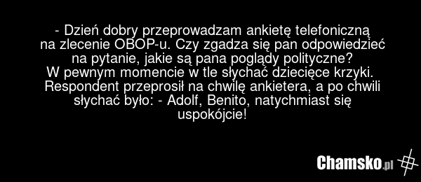 - Dzień dobry przeprowadzam ankietę telefoniczną na zlecenie OBOP-u. Czy zgadza się pan odpowiedzieć na pytanie, jakie są pana poglądy polityczne? W pewnym momencie w tle słychać dziecięce krzyki. Respondent przeprosił na chwilę ankietera, a po chwili słychać było: - Adolf, Benito, natychmiast się…