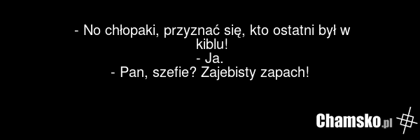 - No chłopaki, przyznać się, kto ostatni był w kiblu! - Ja. - Pan, szefie? Zajebisty zapach!